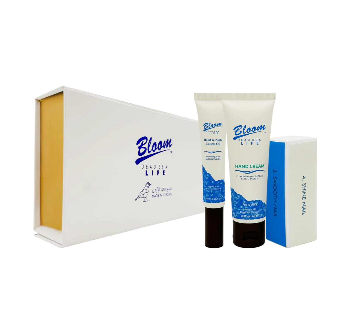 Bloom Dead Sea Hand and Nail Care Kit with hand cream, cuticle oil, 4-way nail buffer, and gift box