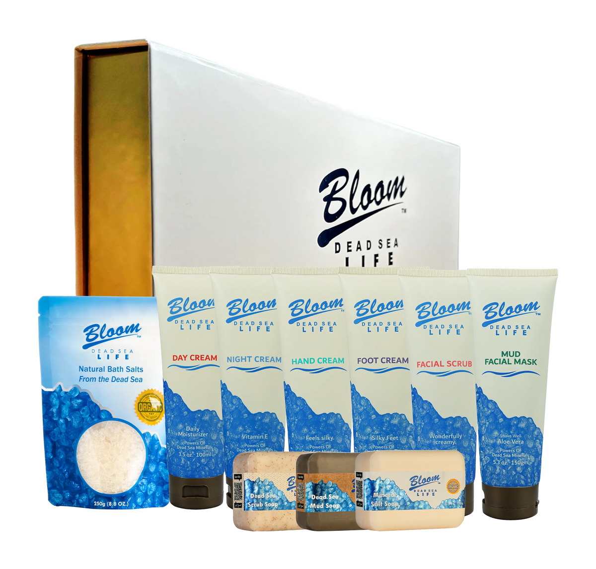 Ultimate 10-piece home spa gift box by Bloom featuring authentic Dead Sea minerals for complete face and body renewal