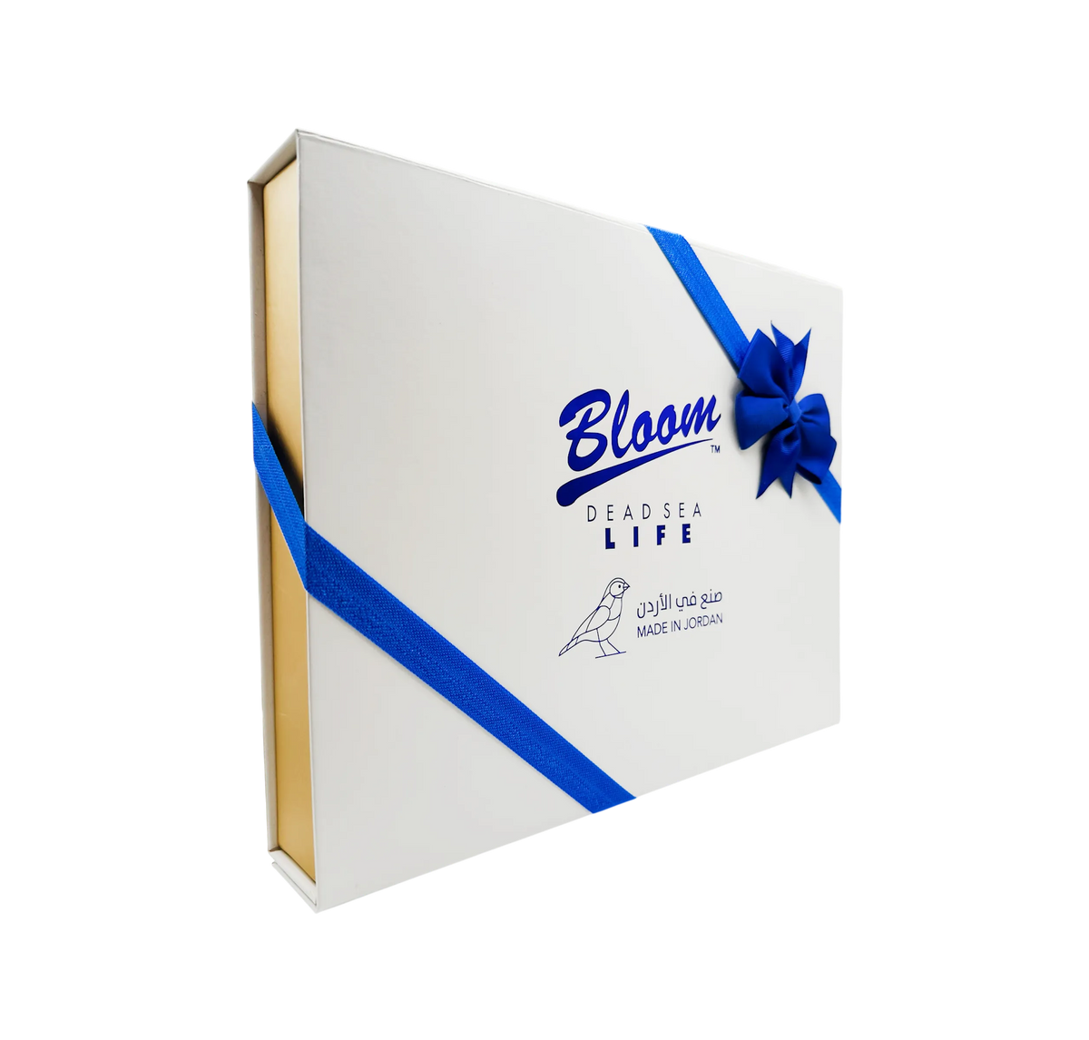 Bloom Dead Sea Life luxury white gift box wrapped with blue ribbon bow ready for gifting