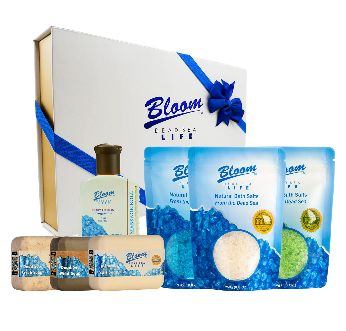 Dead Sea Ritual Set by Bloom 8-piece luxury gift box featuring 3 bath salt pouches, body lotion, wooden massage roller, and 3 soaps