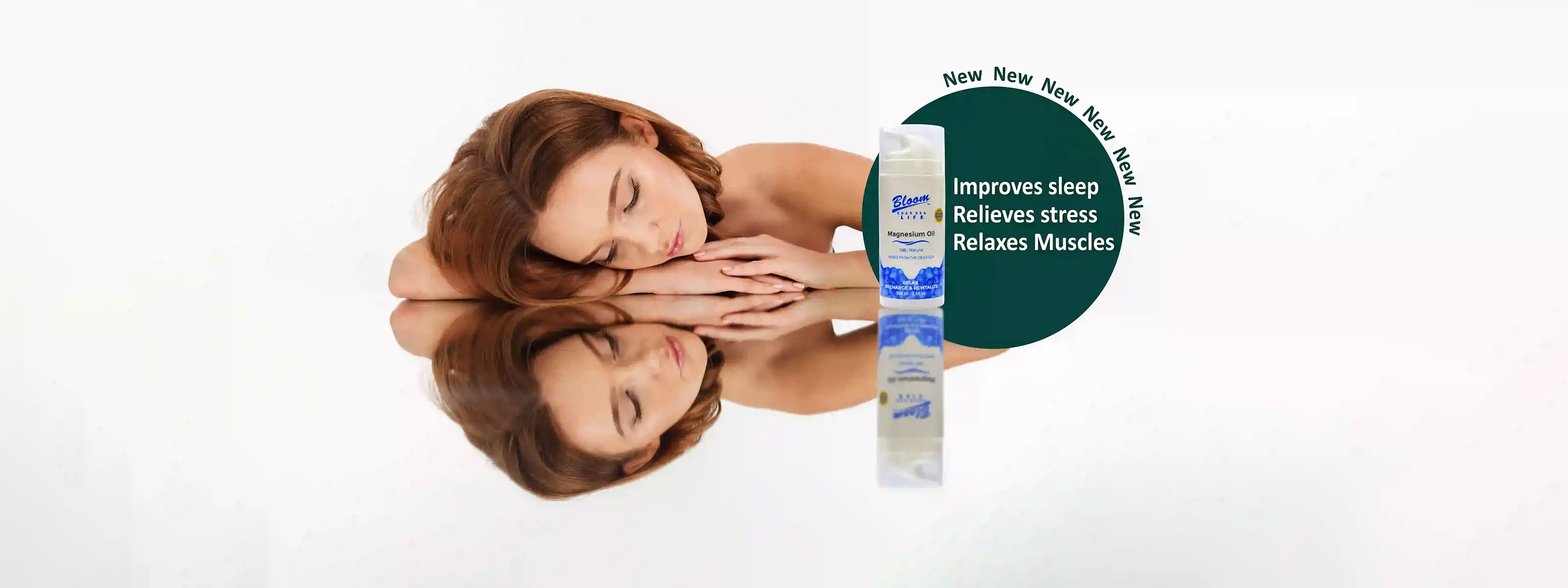 Bloom Organic Dead Sea Magnesium Oil, a natural remedy in a clear bottle, designed to promote relaxation, reduce muscle tension, and improve overall well-being