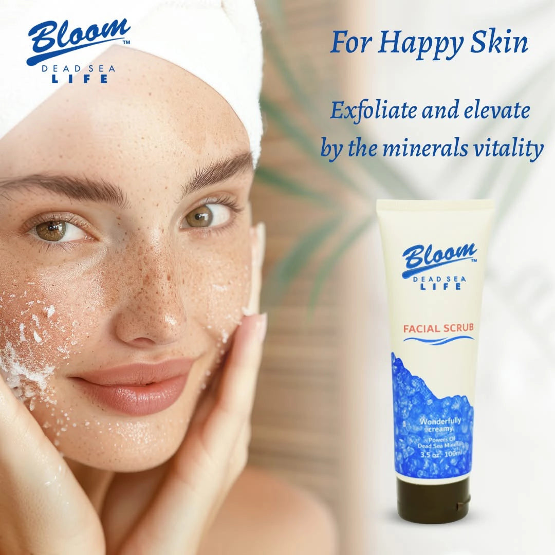 Woman gently massaging Bloom Dead Sea Facial Scrub onto her face, enjoying a refreshing skincare routine with natural mineral-rich ingredients