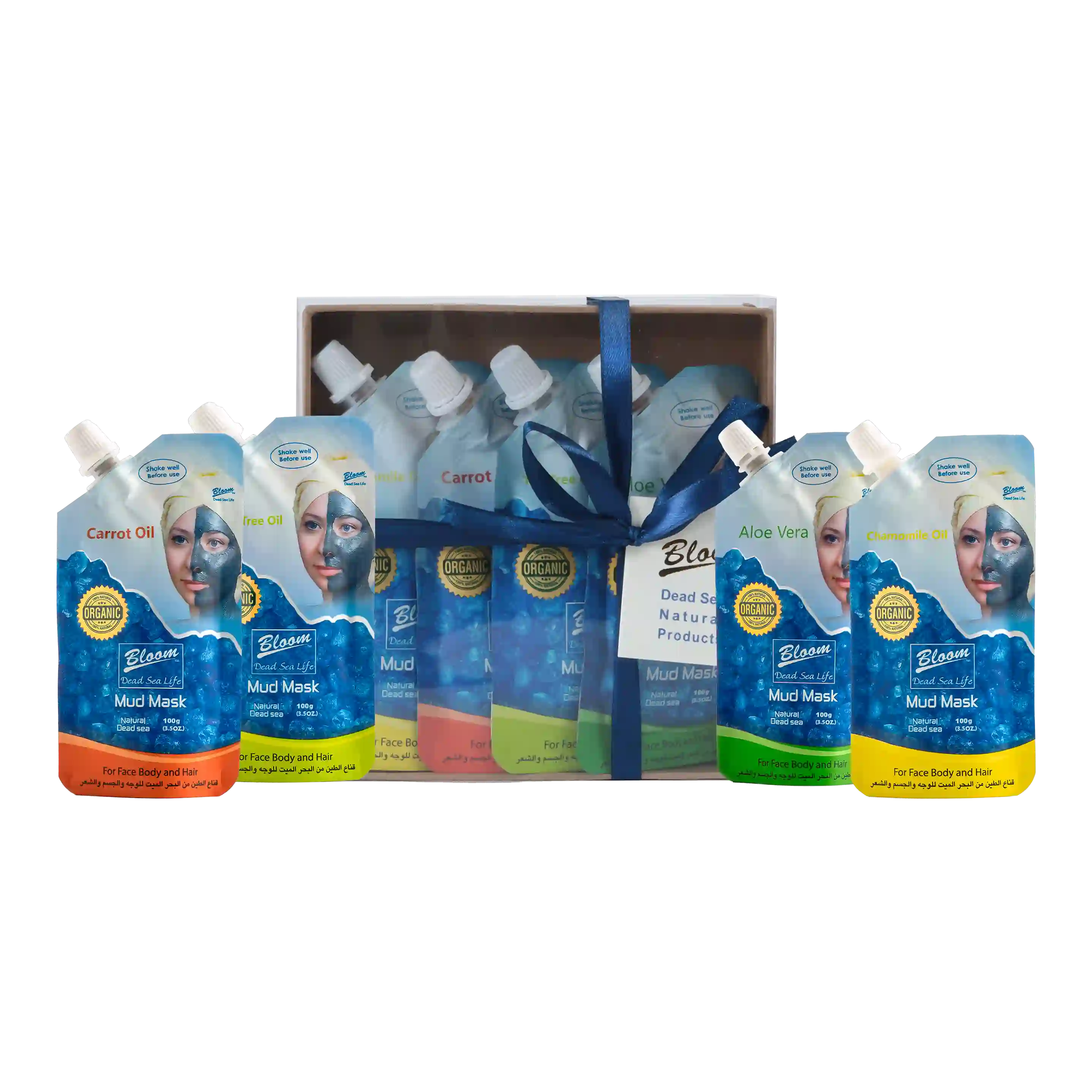 tep-by-step skincare routine using Bloom Dead Sea Mud Masks with supporting products including soaps, scrubs, creams, and massage oil, displayed alongside chamomile flowers and warm towels.