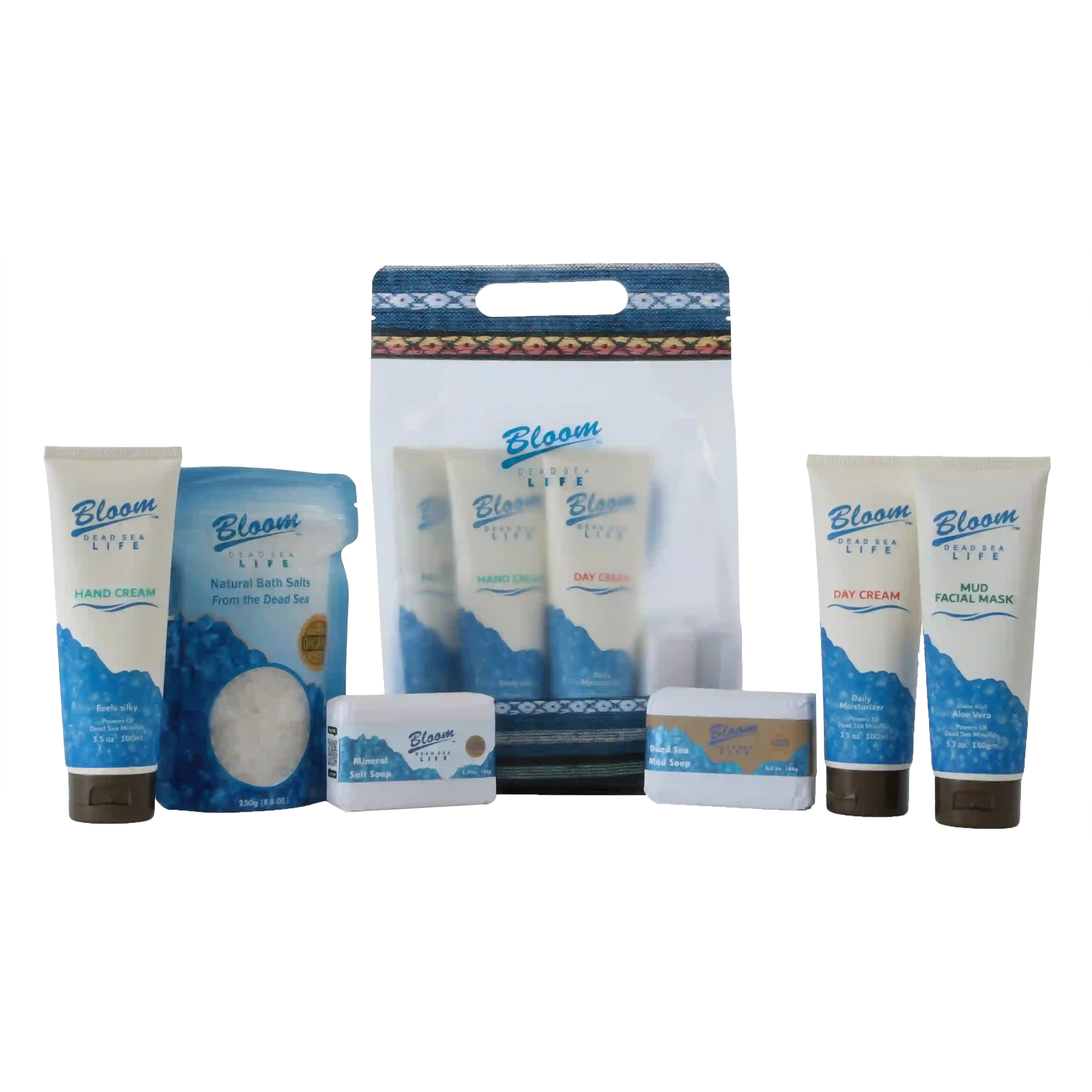 Complete Bloom Dead Sea skincare set featuring soaps, bath salts, and creams for a rejuvenating and moisturizing experience.