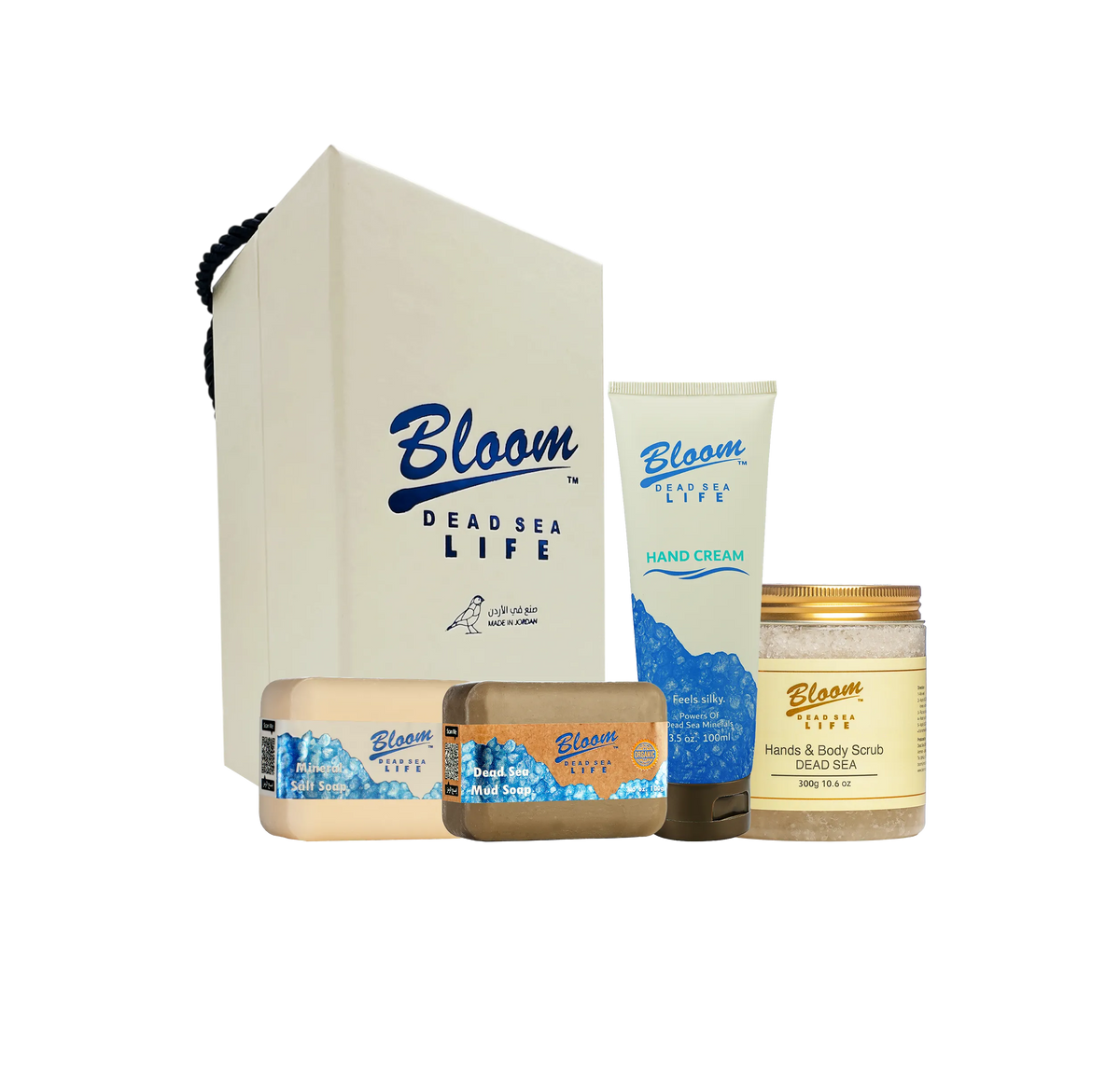 Bloom 4-piece Dead Sea spa gift set with natural mineral soaps, exfoliating body scrub, and hydrating hand cream