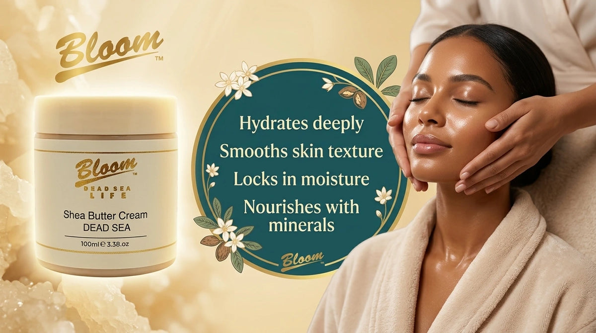 Bloom Dead Sea Shea Butter promotional desktop banner highlighting deep hydration and dry skin repair benefits