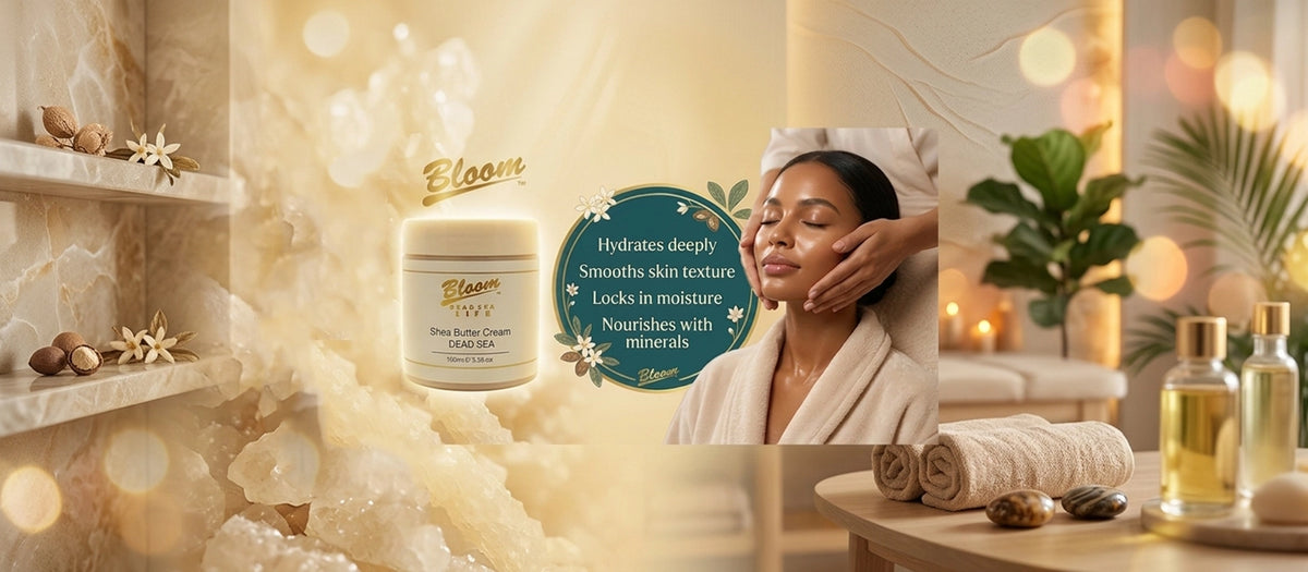 ALL NEW Bloom Dead Sea Shea Butter promotional banner highlighting deep hydration and dry skin repair benefits