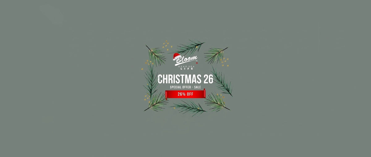 holiday banner showcasing authentic Bloom Dead Sea mineral creams, bath salts, mud masks, and spa collections with a 26 percent holiday discount