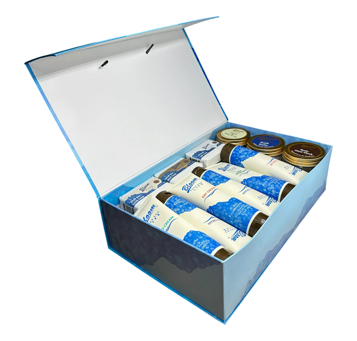 12-piece luxury Dead Sea spa gift set by Bloom with mud mask, salts, creams, and soaps