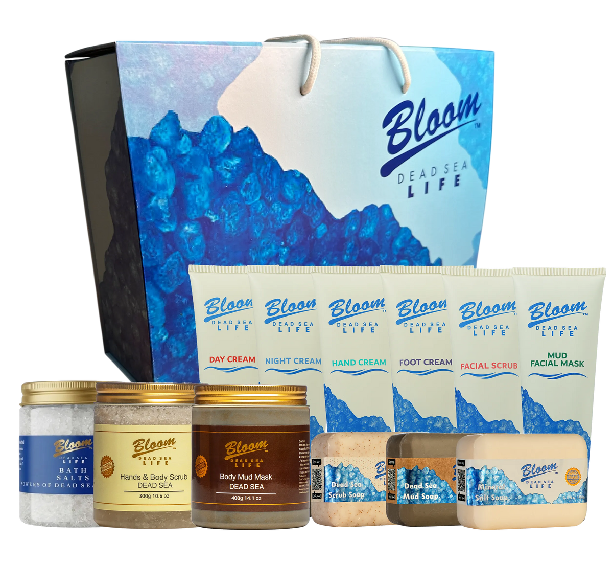 Bloom Dead Sea Bath and Spa 12-piece luxury gift set featuring bath salts, mud mask, body creams, scrubs, and soaps in an open gift package.