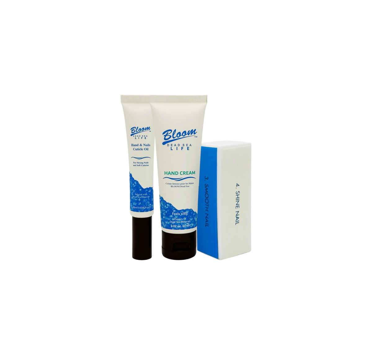Dead Sea mineral manicure set by Bloom including 4-sided shine buffer, hand lotion, and cuticle oil