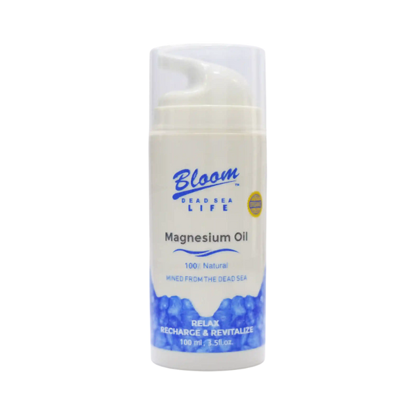 Bottle of Bloom Dead Sea Life Organic Dead Sea Magnesium Oil, featuring natural magnesium-rich formula for skin relief and relaxation.