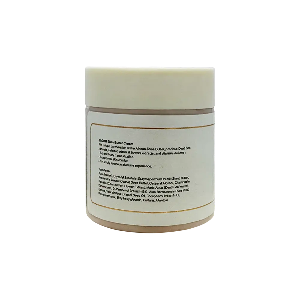 Back label of Bloom Dead Sea Shea Butter highlighting natural ingredients and Dead Sea water